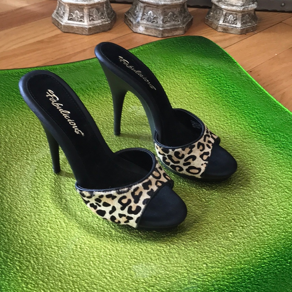 Leopard calf hair mule heels